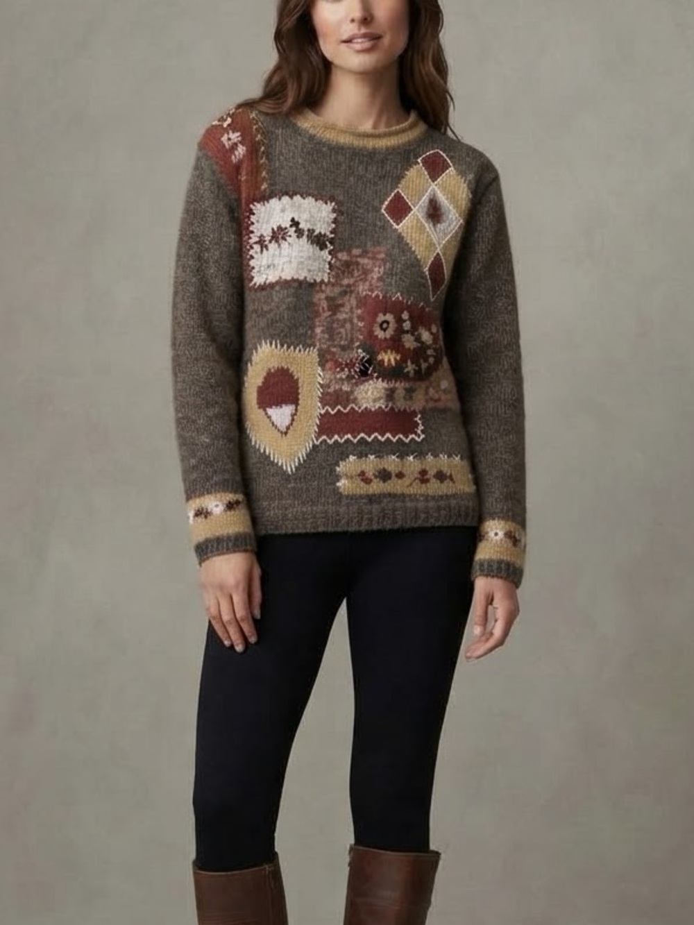 Vintage Red Fashion Nature Patchwork Sweater Size S